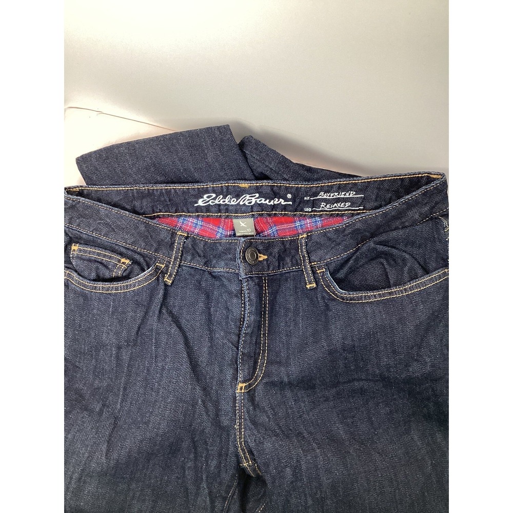 EDDIE BAUER Women's Red Flannel Fleece Lined Relaxed Boyfriend Jeans Size 10